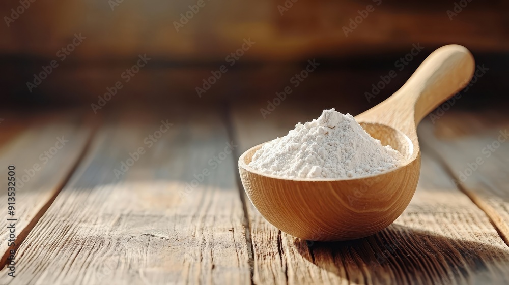 Collagen powder scoop illuminated by light, casting shadow on wooden table. Collagen powder scoop illuminated by light, casting shadow on wooden table.
