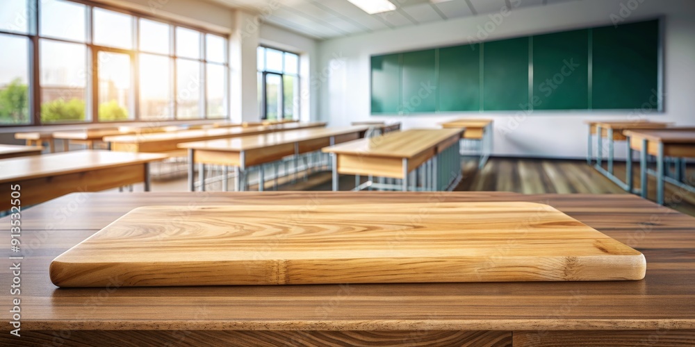 Empty Wooden Desk in Blurred Classroom with Sunlight, desk, classroom, education, school Empty Wooden Desk in Blurred Classroom with Sunlight, desk, classroom, education, school