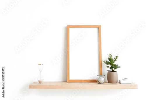 A wooden frame on a white shelf with a small potted plant and a white vase