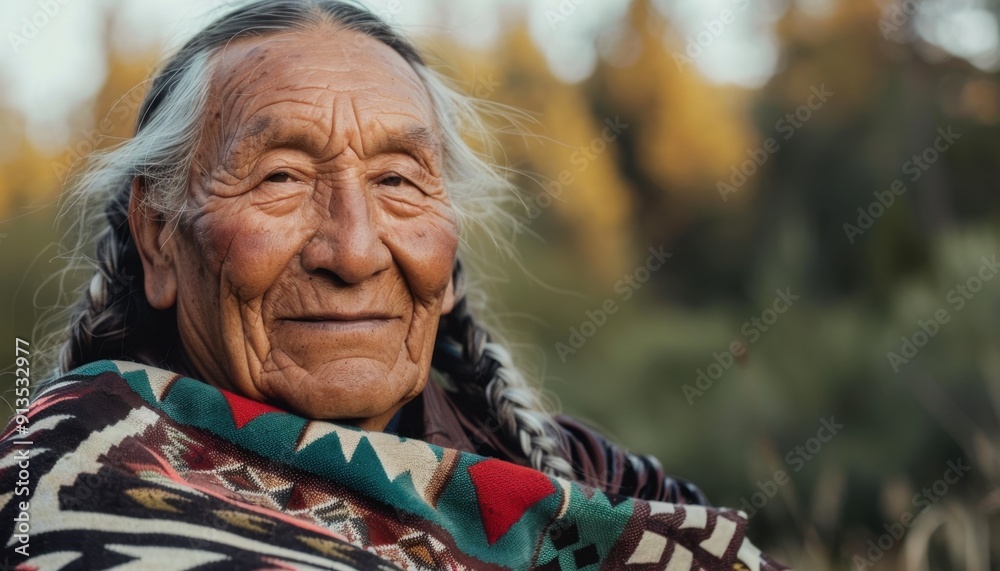 An Elderly Indigenous Person Smiling While Wrapped in a Colorful Blanket at Dusk An Elderly Indigenous Person Smiling While Wrapped in a Colorful Blanket at Dusk
