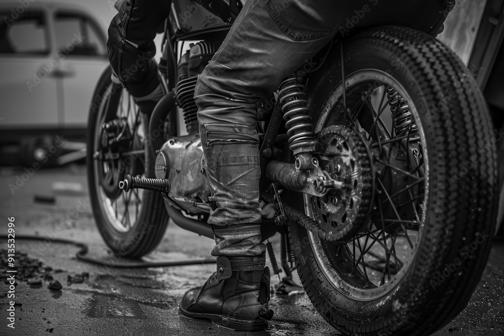 Biker Starting Motorcycle: Front Wheel with Spoke and Fork in Black and White Biker Starting Motorcycle: Front Wheel with Spoke and Fork in Black and White