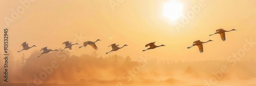 Big Bird. Migratory Birds in Flight at Sunrise. Many Cranes Taking Off in White Plumage