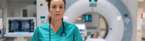 Technician operating radiation therapy machine, patient care, professional environment
