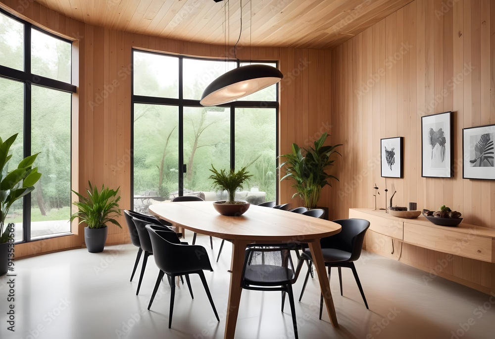 Fototapeta premium A cozy and bright dining room with a wooden table, white chairs, and large windows overlooking greenery outside. The room has a warm, natural aesthetic with wooden walls and a pendant light fixture