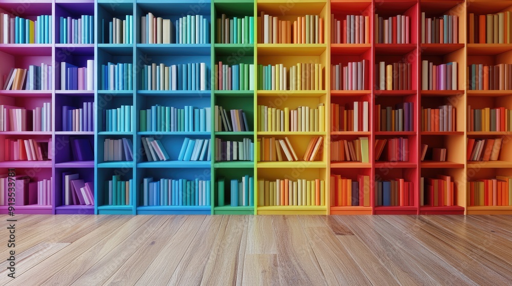 Fototapeta premium Colorful Bookshelf Background With Wooden Floor and Vibrant Design in a Cozy Reading Space