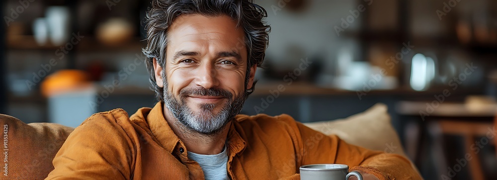 Happy middle aged man holding coffee cup relaxing on couch at home. Smiling mature older man drinking tea looking at camera sitting on cozy sofa chilling in modern kitchen living room. Portrait. Happy middle aged man holding coffee cup relaxing on couch at home. Smiling mature older man drinking tea looking at camera sitting on cozy sofa chilling in modern kitchen living room. Portrait.