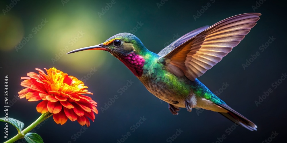 Hummingbird Hovering Near a Red Flower, Close Up, Vibrant Colors, Blurred Background, Nature, Bird, Flower Hummingbird Hovering Near a Red Flower, Close Up, Vibrant Colors, Blurred Background, Nature, Bird, Flower