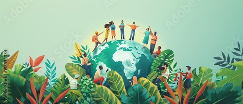 Diverse group of people standing on a globe, surrounded by plants, symbolizing unity and diversity