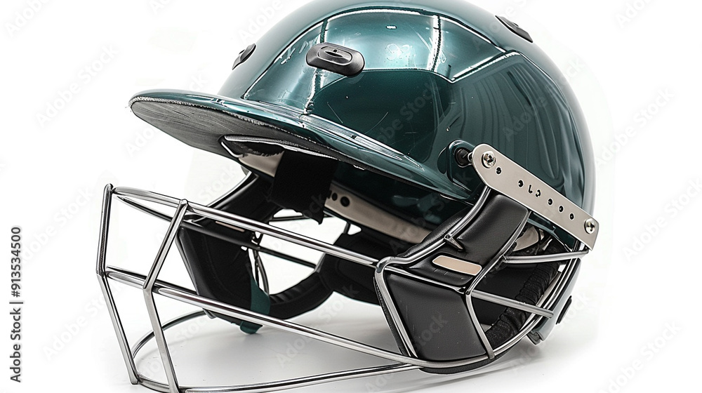 a shiny green cricket helmet with a metal face guard. a shiny green cricket helmet with a metal face guard.