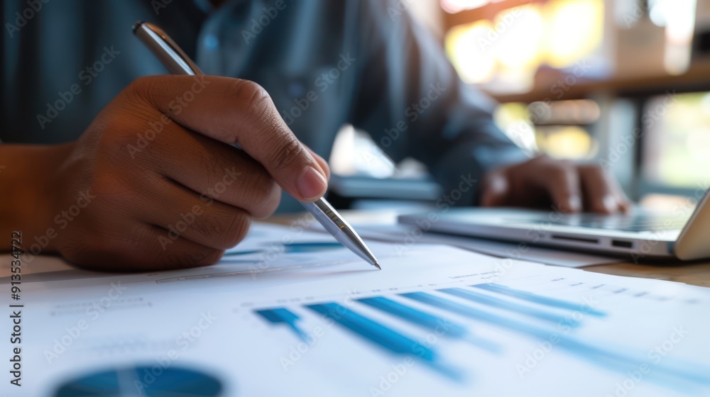 Close-up of a Hand Holding a Pen Above Financial Charts Close-up of a Hand Holding a Pen Above Financial Charts