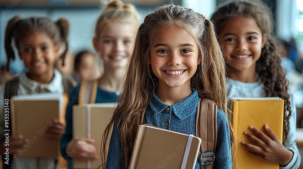 Portrait of cheerful smiling diverse schoolchildren standing posing in classroom holding notebooks and backpacks looking at camera happy after school reopen. Diversity. Back to school concept Portrait of cheerful smiling diverse schoolchildren standing posing in classroom holding notebooks and backpacks looking at camera happy after school reopen. Diversity. Back to school concept