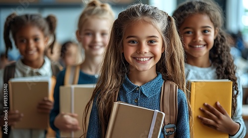 Wallpaper Mural Portrait of cheerful smiling diverse schoolchildren standing posing in classroom holding notebooks and backpacks looking at camera happy after school reopen. Diversity. Back to school concept Torontodigital.ca