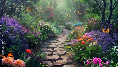 Enchanting garden path surrounded by colorful flowers and butterflies