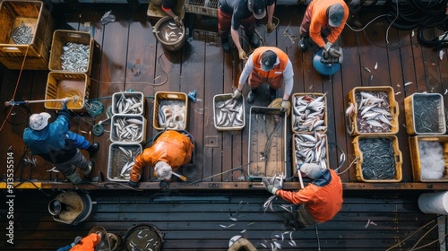 Fishermen Sorting Freshly Caught Fish on Boat Deck at Sea 