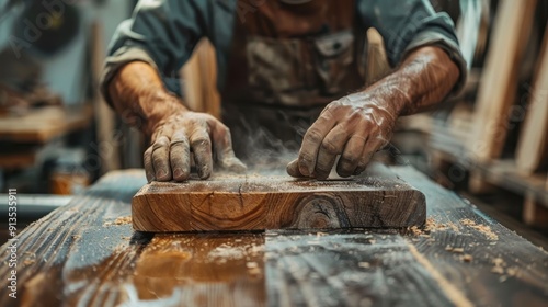 Skilled Carpenter Working with Wood in Workshop, Hands Covered in Sawdust, Creating Wooden Masterpiece photo