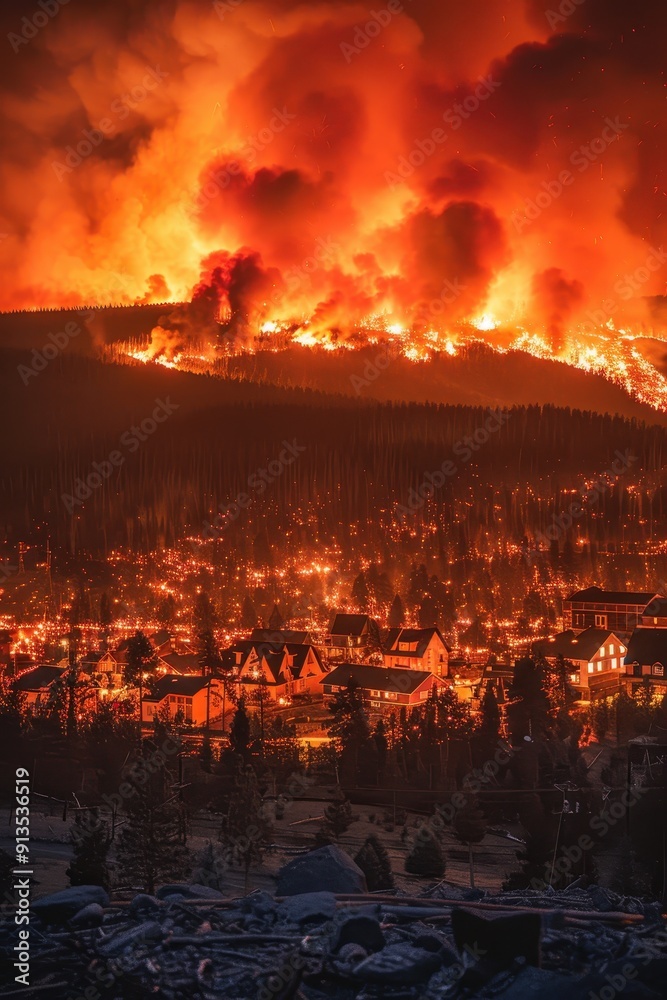 Fototapeta premium Intense Wildfire Raging Over Forested Hills Near Residential Area at Night
