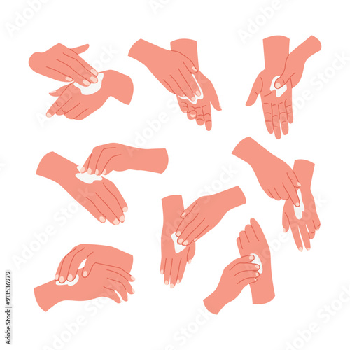 Set of woman hands apply cream or lotion, Skincare treatment and hygiene concept. Beauty and cosmetics, hand smeared with body lotion, collection of girl put use balm on body illustration.