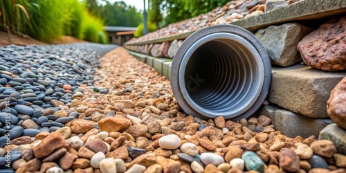 Pipe Leading Through Pebble Path, Close Up, Grey Pipe, Stone Path, Landscape, Drainage, Pebbles photo