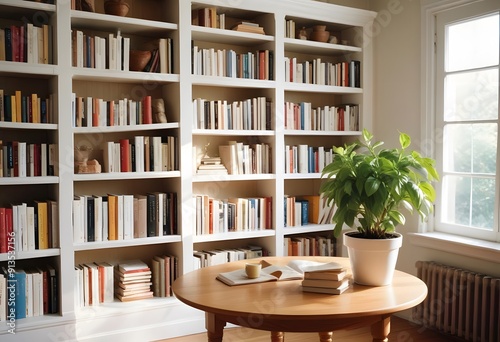 A large, ornate library with wooden bookshelves lining the walls, a fireplace in the center, and a round wooden table with open books in the foreground