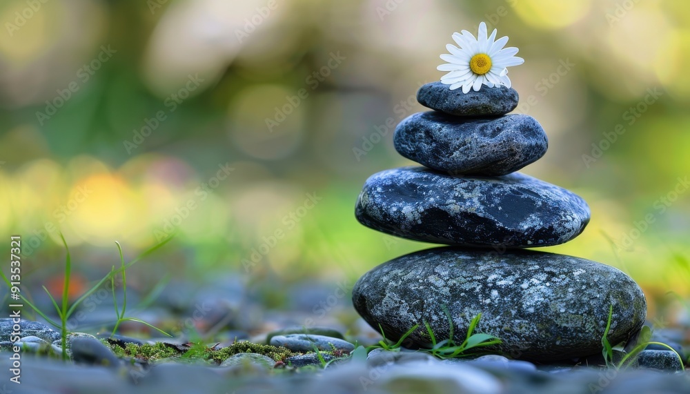 Stacked Stones With a Flower on Top in a Serene Outdoor Setting Stacked Stones With a Flower on Top in a Serene Outdoor Setting