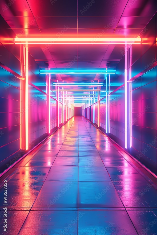 Futuristic corridor with vibrant neon lights, symmetrical design, wideangle view, reflective floor Futuristic corridor with vibrant neon lights, symmetrical design, wideangle view, reflective floor