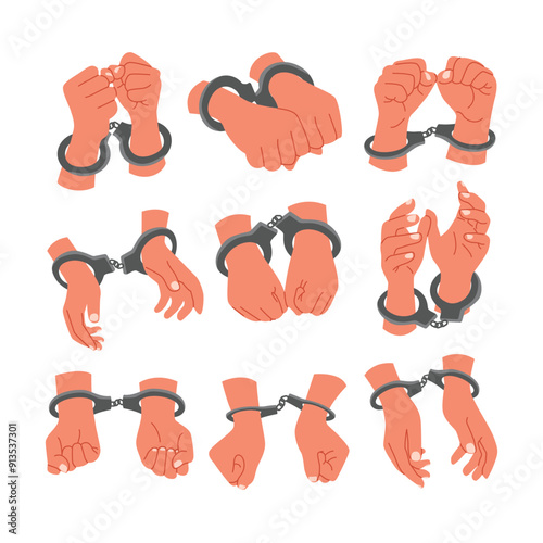 Set of Human hands in handcuffs collection, hand restraints for criminals, Concept of police arrest, jail custody, crime or gang, lock for prison, Arrested Person, Prison handcuffed punishment.