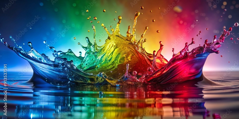 Obraz premium Rainbow Water Splash Vibrant Colors in Motion, water splash, liquid art, colorful droplets, macro photography