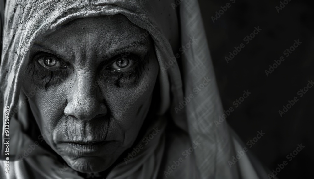 Haunting Black and White Portrait of a Mysterious Woman in Monochrome Garb Haunting Black and White Portrait of a Mysterious Woman in Monochrome Garb