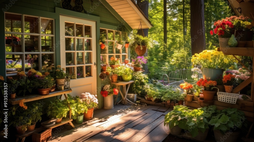 A well-organized garden shed with gardening tools neatly hanging on the walls. A well-organized garden shed with gardening tools neatly hanging on the walls.