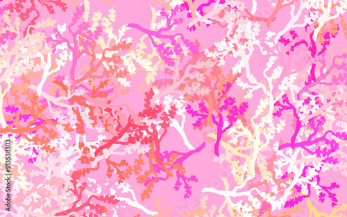 Light Pink, Yellow vector doodle backdrop with leaves, branches.