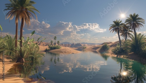 Tranquil Oasis Surrounded by Palm Trees Under Clear Sky at Midday