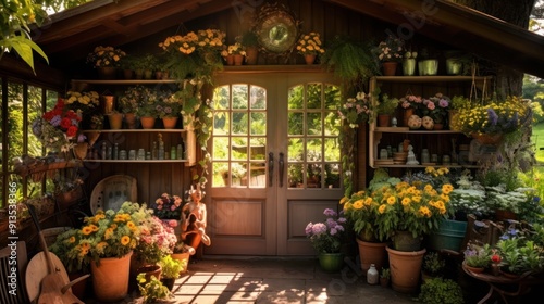 A well-organized garden shed with gardening tools neatly hanging on the walls.