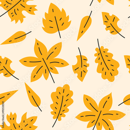 Fall Autumn Seamless Pattern with Falling Yellow Leaves. Cozy Seasonal endless Background with spin orange oak maple birch leaf. Repeat vector illustration