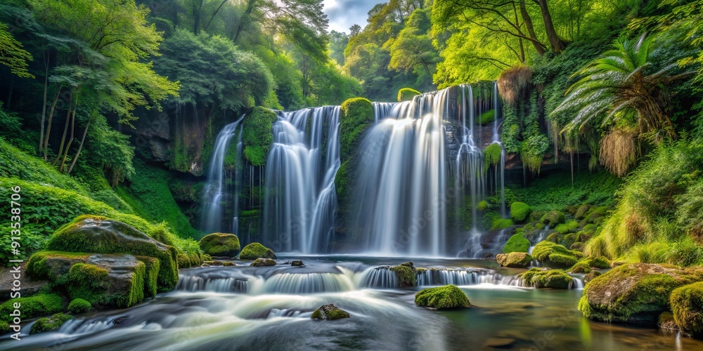 Serene Waterfall Cascading Through Lush Green Forest, Long Exposure, Waterfall, Nature, Landscape, Tranquility Serene Waterfall Cascading Through Lush Green Forest, Long Exposure, Waterfall, Nature, Landscape, Tranquility