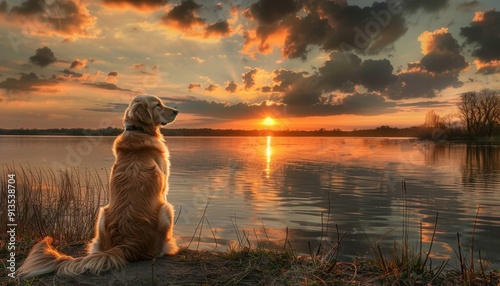 Golden Retriever Enjoying a Scenic Sunset View by the Tranquil Lake
