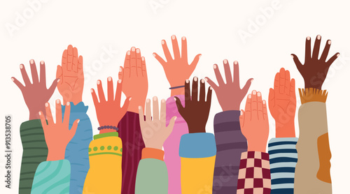 Set of people raised hands, open hands up of different types of skins, diversity people multiethnic race and community concept, Teamwork, collaboration, voting, volunteering concert, protest.