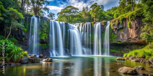 Serene Waterfall Cascading Through Lush Greenery, Long Exposure Photography, Waterfall, Nature, New Zealand