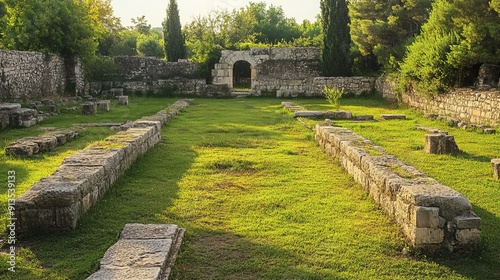 Ruins of the ancient city of Tiryns surrounded by green lawn, Greece. photo