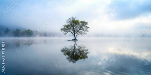 Solitary Tree Reflection in Foggy Lake, Landscape Photography, Nature, Serenity, Tranquility , nature photography , landscape photo