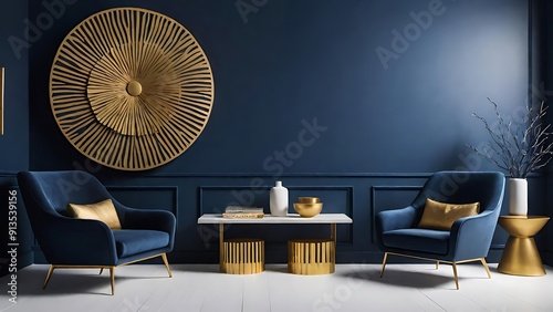 Modern minimalist living room with dark blue accent wall and golden accents