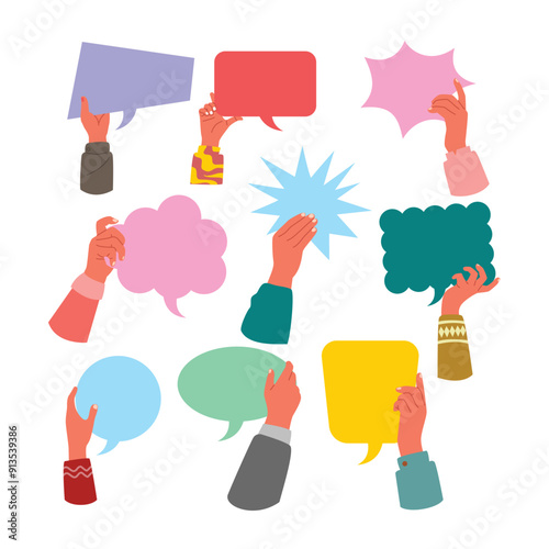 Set of hands holding speech bubble collection, People's hands exchange ideas with vote and comment, Team cooperation communicate collaborate, group with talk message cartoon isolated white background.