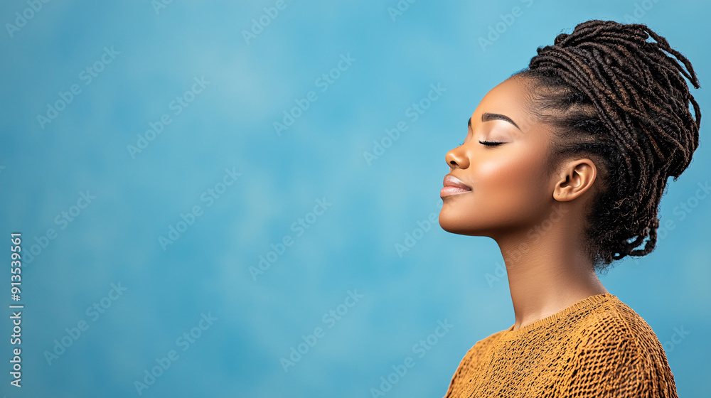 A woman with dreadlocks is sitting with her eyes closed and a smile on her face. She is wearing a yellow sweater and she is in a relaxed and peaceful state. A woman with dreadlocks is sitting with her eyes closed and a smile on her face. She is wearing a yellow sweater and she is in a relaxed and peaceful state.