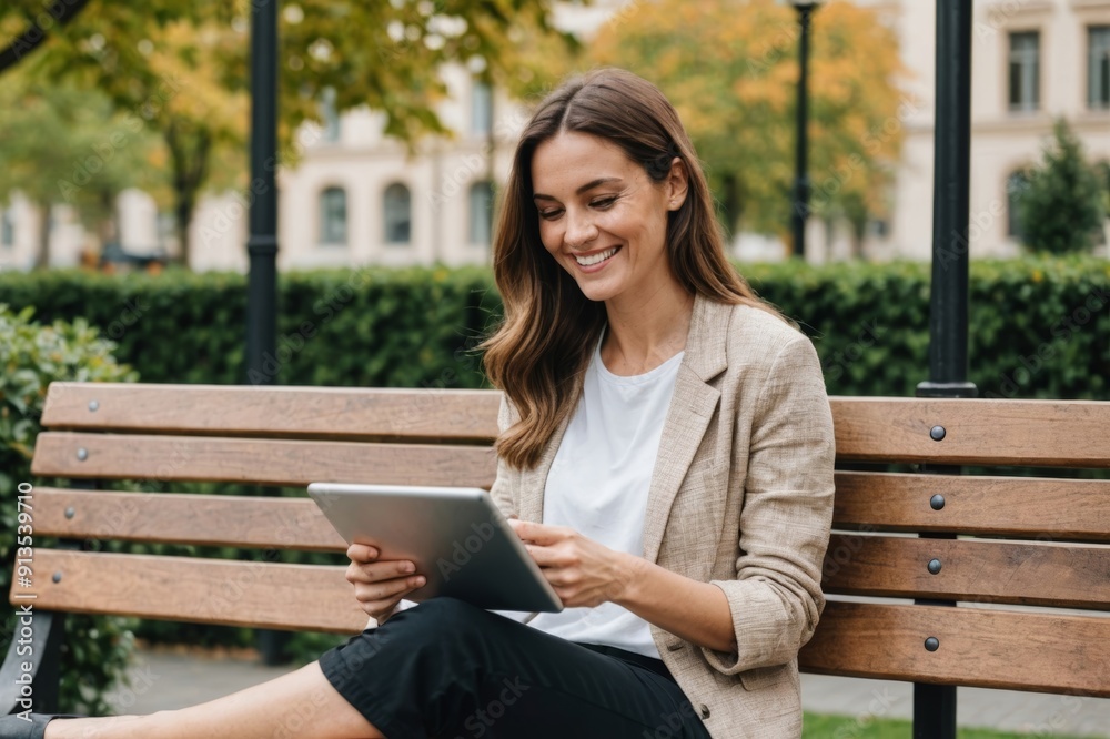 Side view of smiling woman using tablet computer while sitting by railing on bench Side view of smiling woman using tablet computer while sitting by railing on bench