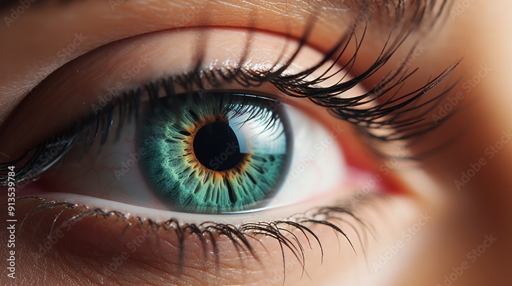 Fototapeta premium High-resolution close-up of a female eye with prominent, long eyelashes. The focus is on the fine details of the eyelashes and the vibrant hues of the iris, set against a minimalistic backdrop