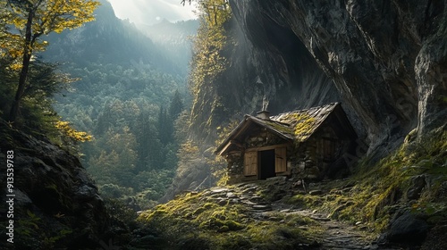 The hut nestled in the heart of the mountain. photo