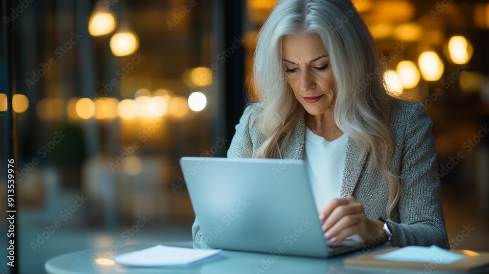 Senior American businesswoman with long, straight hair, working diligently on a laptop in a busy cafe, coffee, and notes around, modern and dynamic setting Senior American businesswoman with long, straight hair, working diligently on a laptop in a busy cafe, coffee, and notes around, modern and dynamic setting
