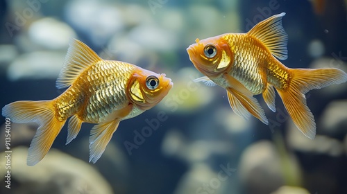 Two separate ordinary scalare (Angelfish) and Carassius auratus, widely known as goldfish, in an aquarium. Horizontal image.