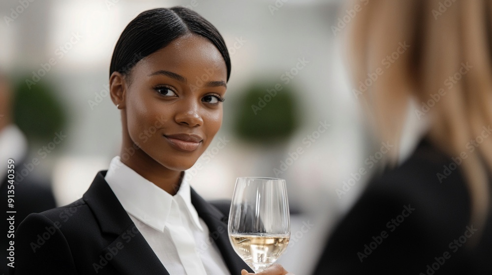A young African woman entrepreneur with a short bob, at a professional networking event, holding a wine glass, exchanging ideas with peers A young African woman entrepreneur with a short bob, at a professional networking event, holding a wine glass, exchanging ideas with peers