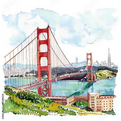 Watercolor painting of San Francisco’s Golden Gate Bridge and city hills, on isolated white background