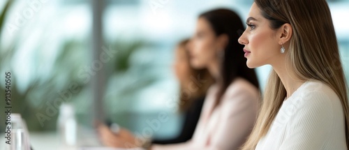 A diverse group of women, including a stylish young Asian moderator, facilitating a business summit discussion, inclusive and collaborative setting